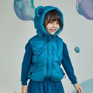 Private label kids blue bear hooded down vest 5/6Y=120cm